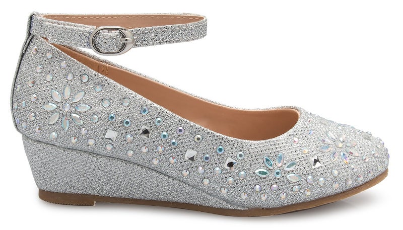 Olivia K Girl's Low Wedge Heel Ankle Strap Sparkly Rhinestone Shoes (Toddler/Little Girl), Silver 3 - Image 2